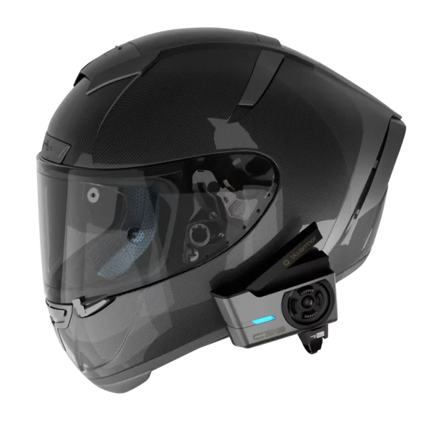 Bluarmor C30 helmet communication device mounted on motorcycle helmet