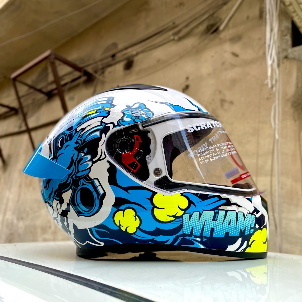 Blue and discount white motorbike helmet