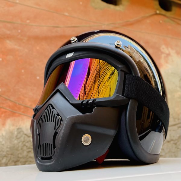 VEGA ORIGINAL PREMIUM QUALITY (ISI Certified) Jet Dx Peak Black With Goggle  Mask Anti Scratch UV Protective HALF Face Helmet. - Sarkkart