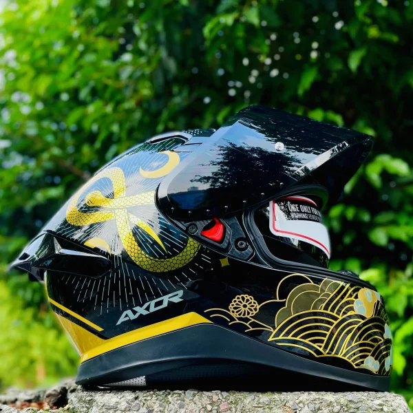 Axor Apex Infinity full face helmet black gold – black visor open tilted front