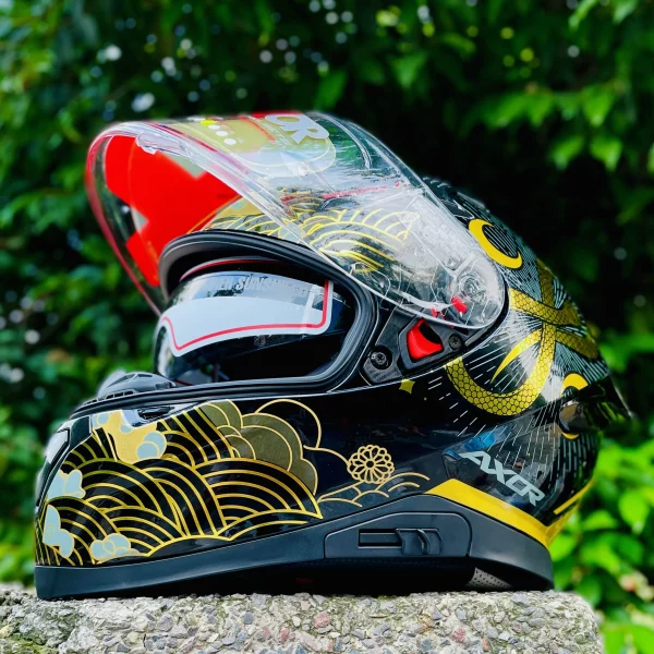 Axor Apex Infinity full face helmet black gold – clear visor open tilted front