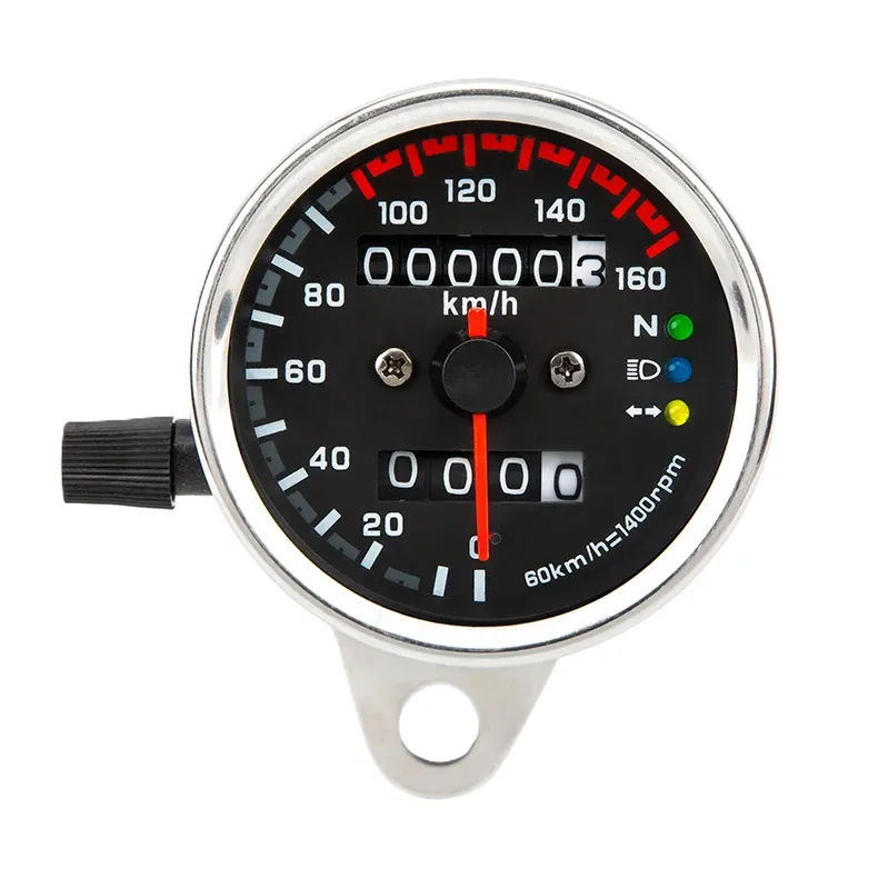Chrome housing dual meter displaying three indicator lights Chrome housing dual meter displaying three indicator lights