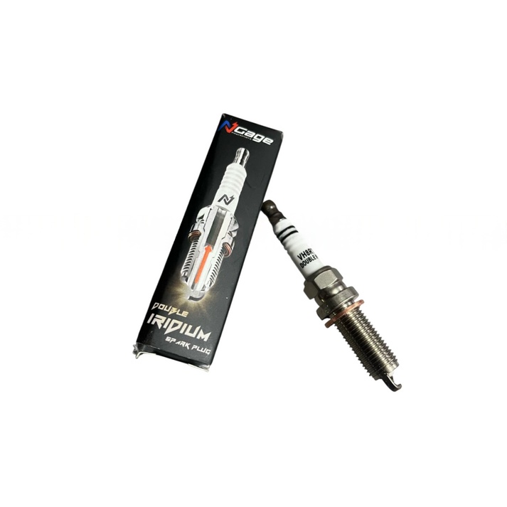 Packaging of NGAGE iridium spark plug made in Japan Close-up of VH8RTII- spark plug electrodes