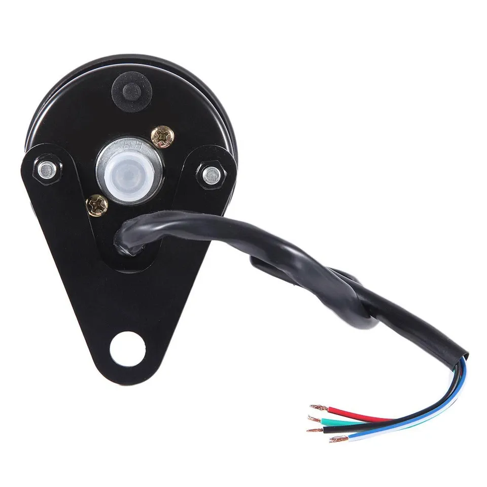 Rear view of black LCD motorcycle speedometer tachometer gauge with black mounting bracket and wiring Rear view with black mounting bracket and wiring