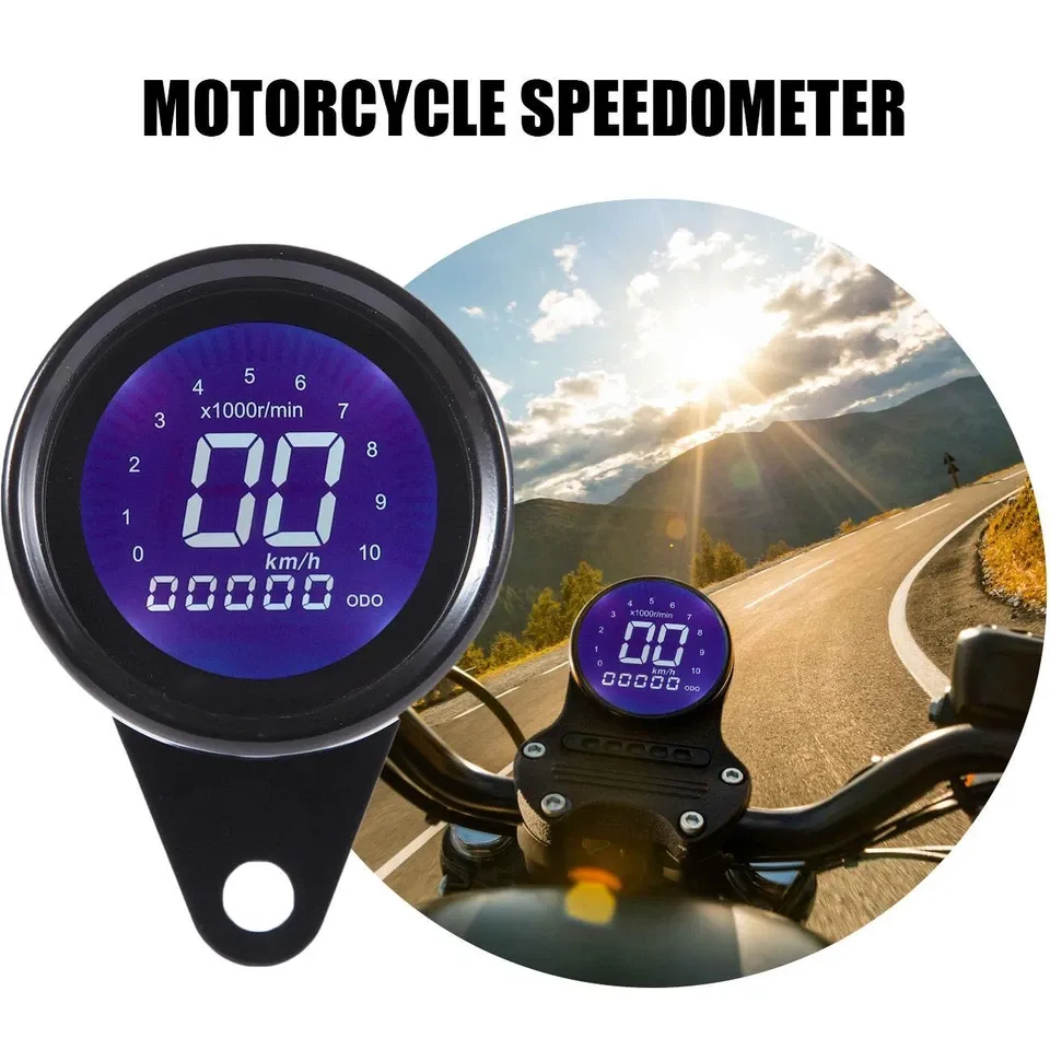 Universal speedometer gauge installed on a bike’s handlebar Illuminated black digital gauge at night with indicator lights