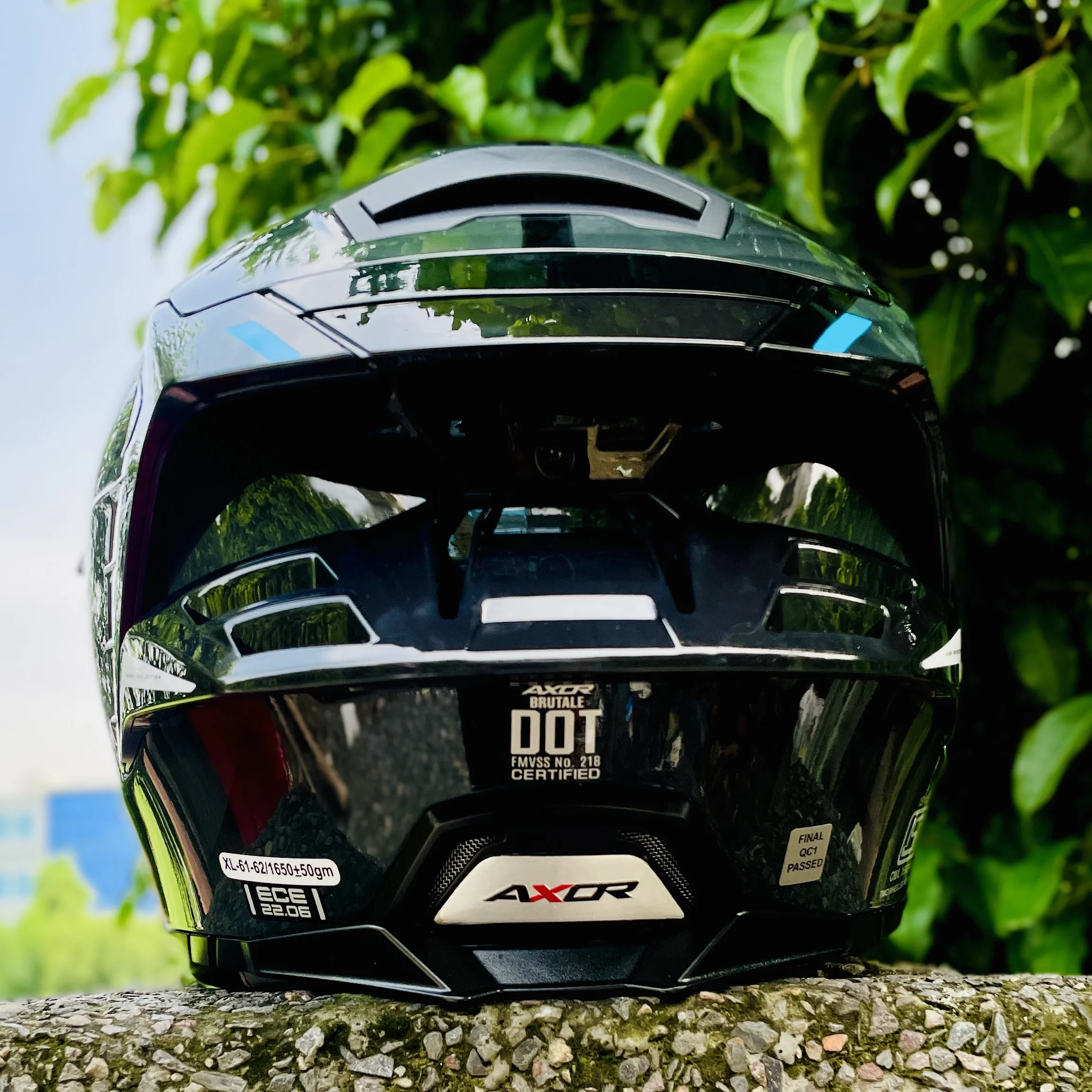Axor Brutale Krytic Dual Spoiler Helmet – Black and Blue Back Side View