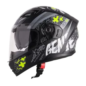 Steelbird SBA-21 Genie ISI Certified Full Face Graphic Helmet for Men and Women with Inner Smoke Sun Shield (Glossy Black Neon)
