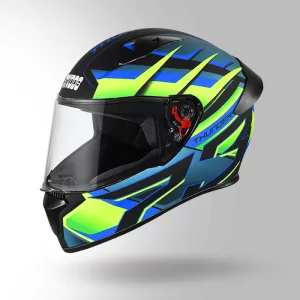 Studds Thunder D6 Decor Matt Black Green Blue Helmet – Full Face Helmet with Aerodynamic Spoiler, Ventilation & Clear Visor